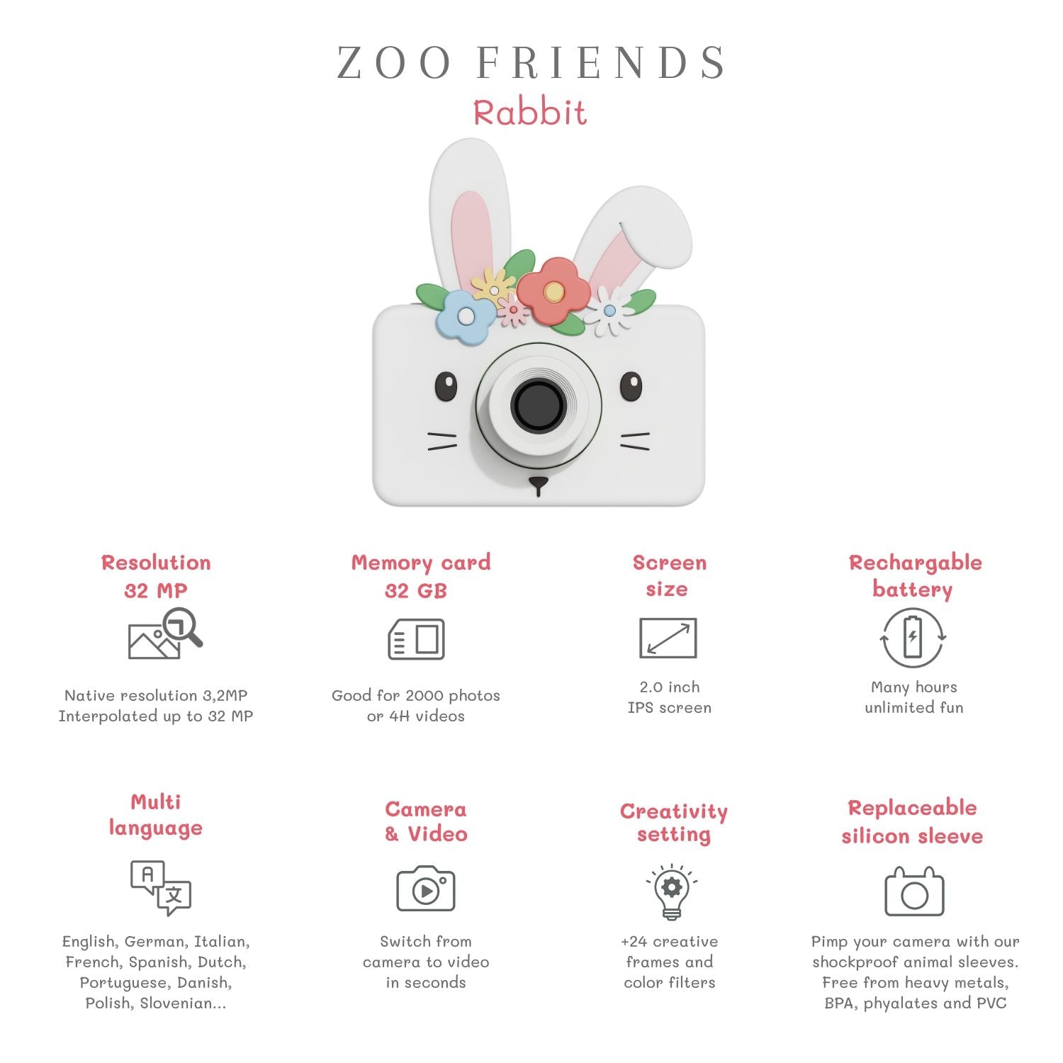 zoo friends rabbit flower digital kids camera, features
