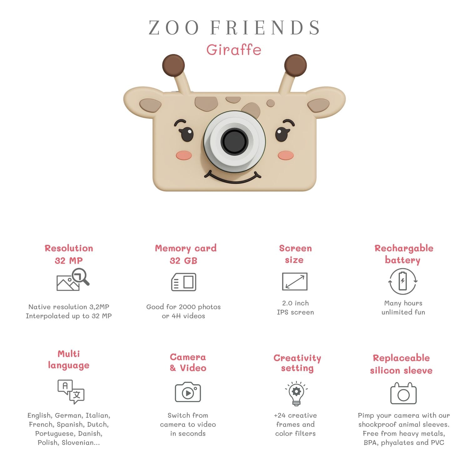 zoo friends giraffe digital kids camera, features