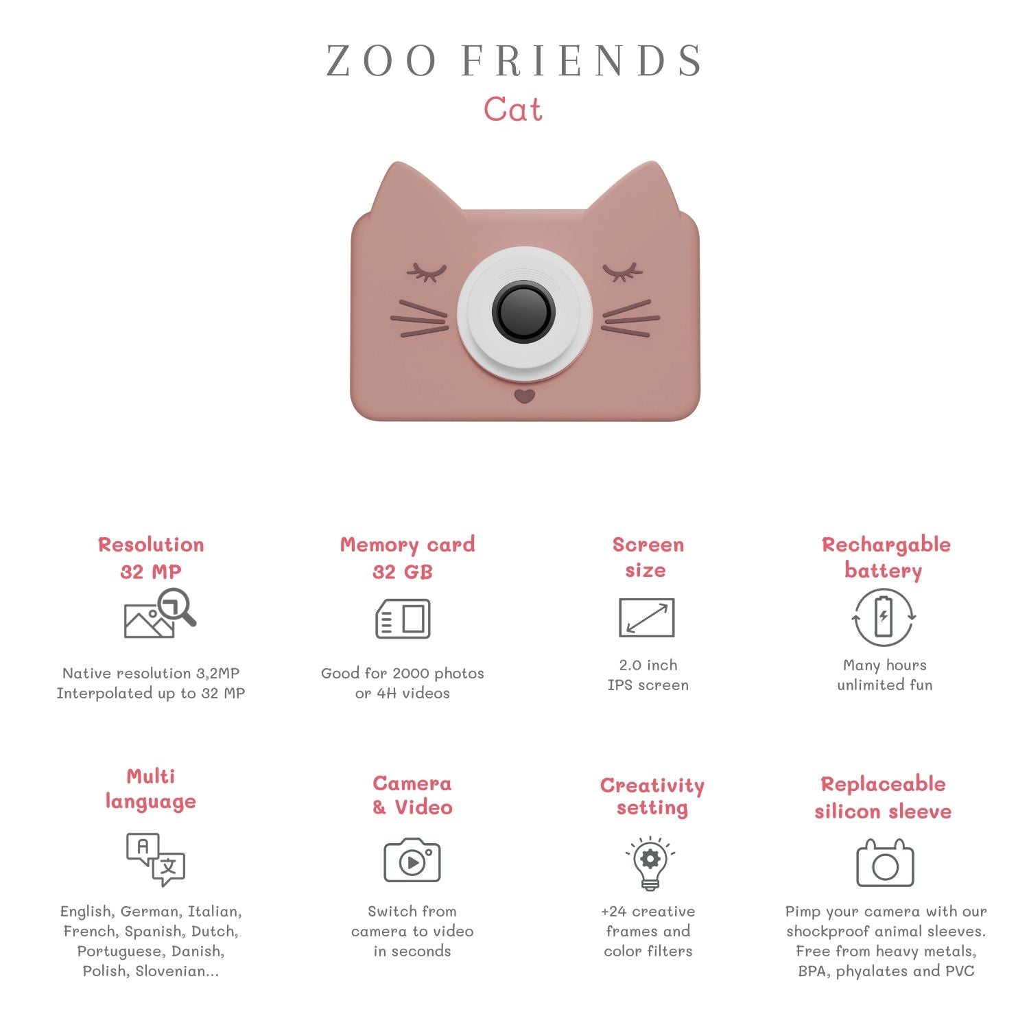 zoo friends cat digital kids camera, features