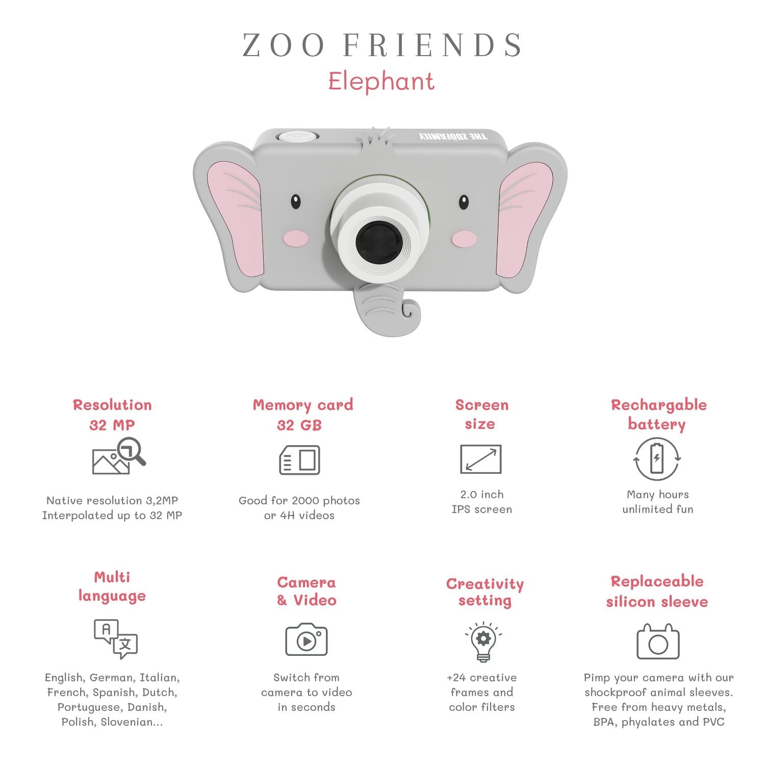 zoo friends elephant digital kids camera, features