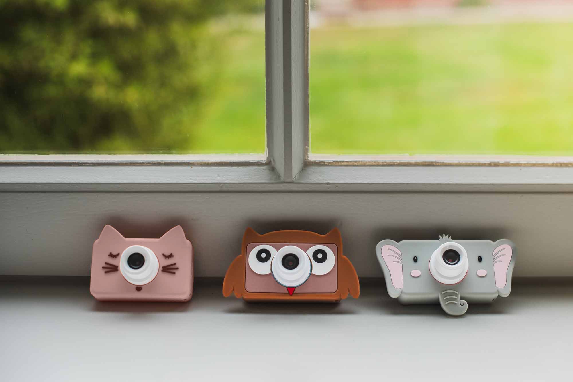 mix of owl, cat and elephant kids digital cameras, standing on the window sell