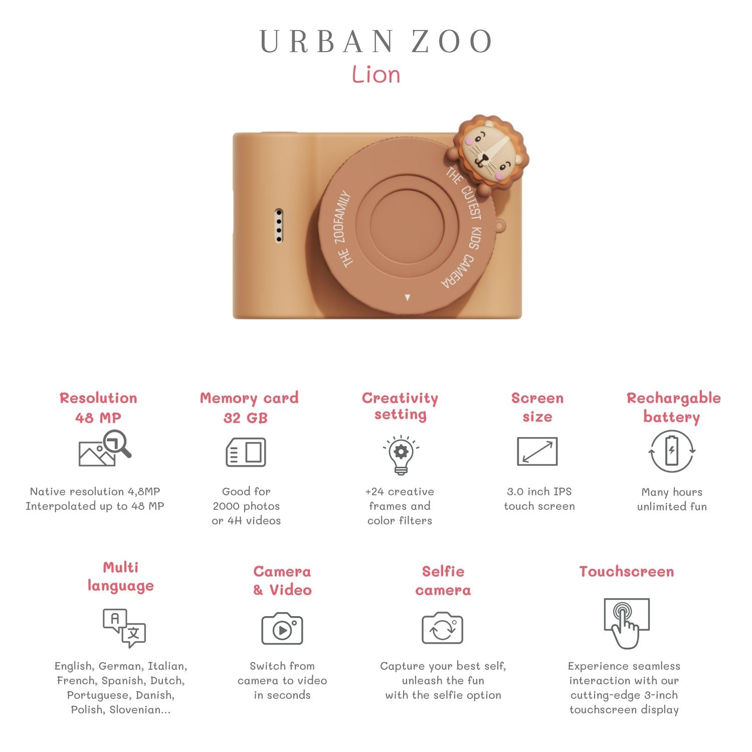 urban zoo lion digital kids camera, features