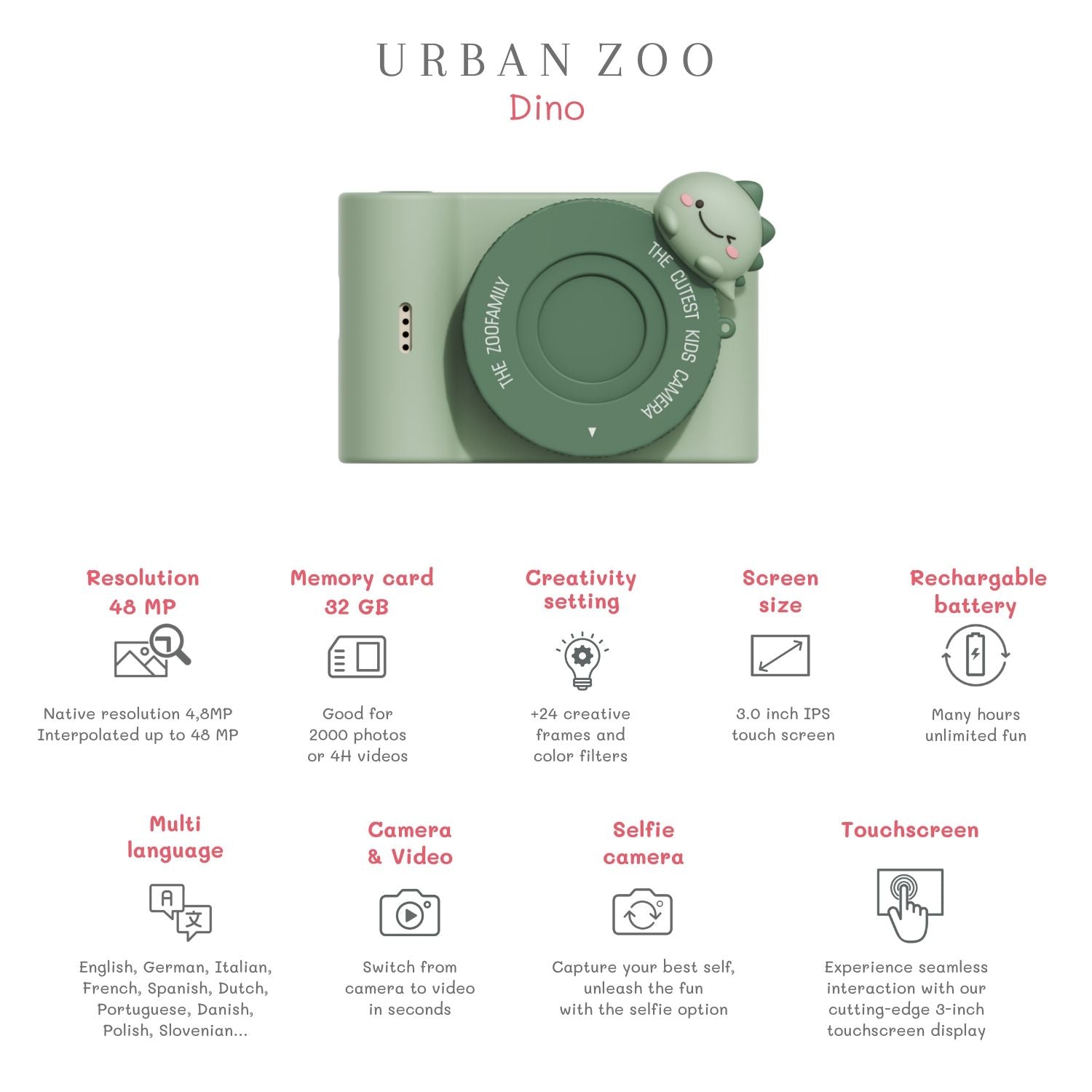 urban zoo dino digital kids camera, features
