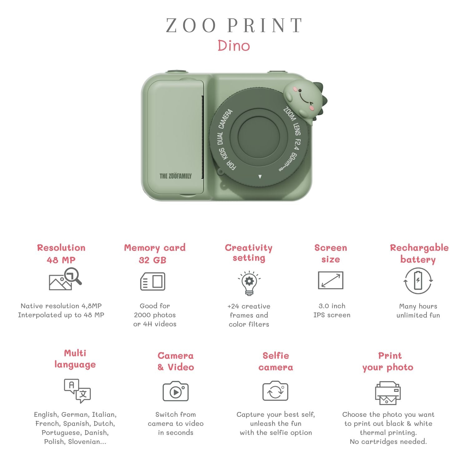 zoo print dino digital kids camera, features