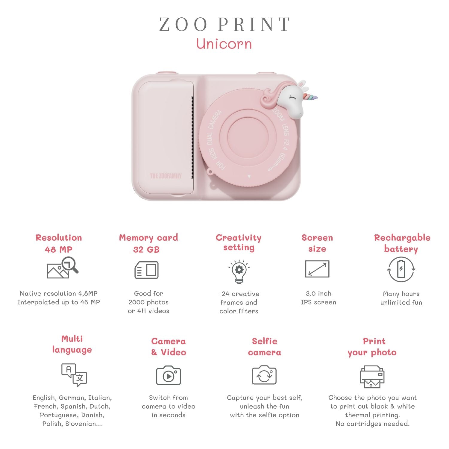 zoo print unicorn digital kids camera, features