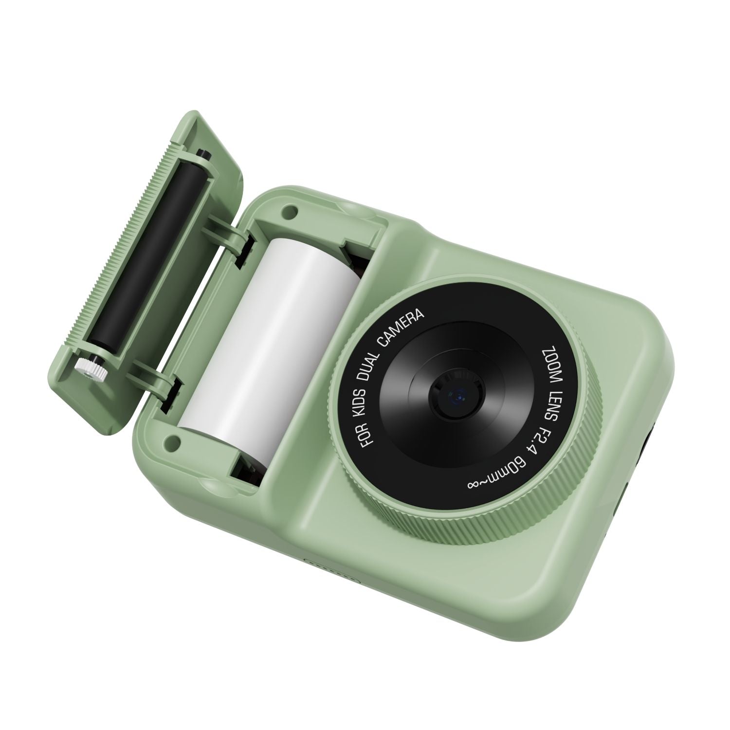 zoo print dino green digital kids camera, front view without cover, open left side to see print paper