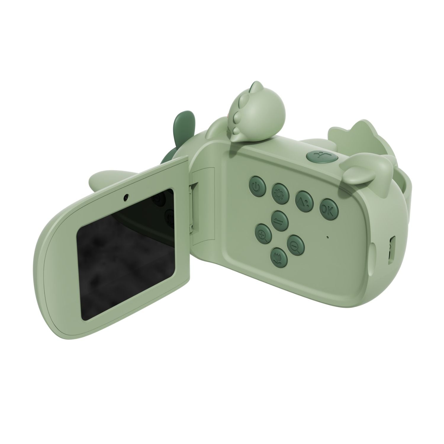 digital kids zoo video dino green, back side view with open screen and buttons
