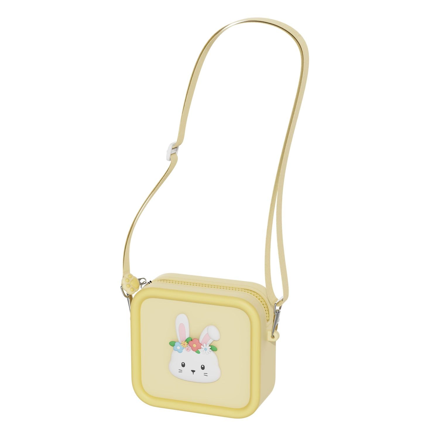 rabbit flower silicon bag, front side view with shoulder strap