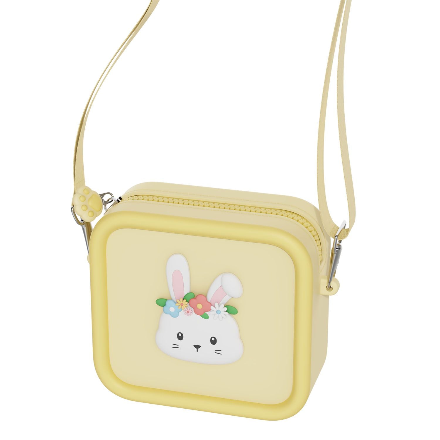rabbit flower silicon bag, front side view, shoulder strap