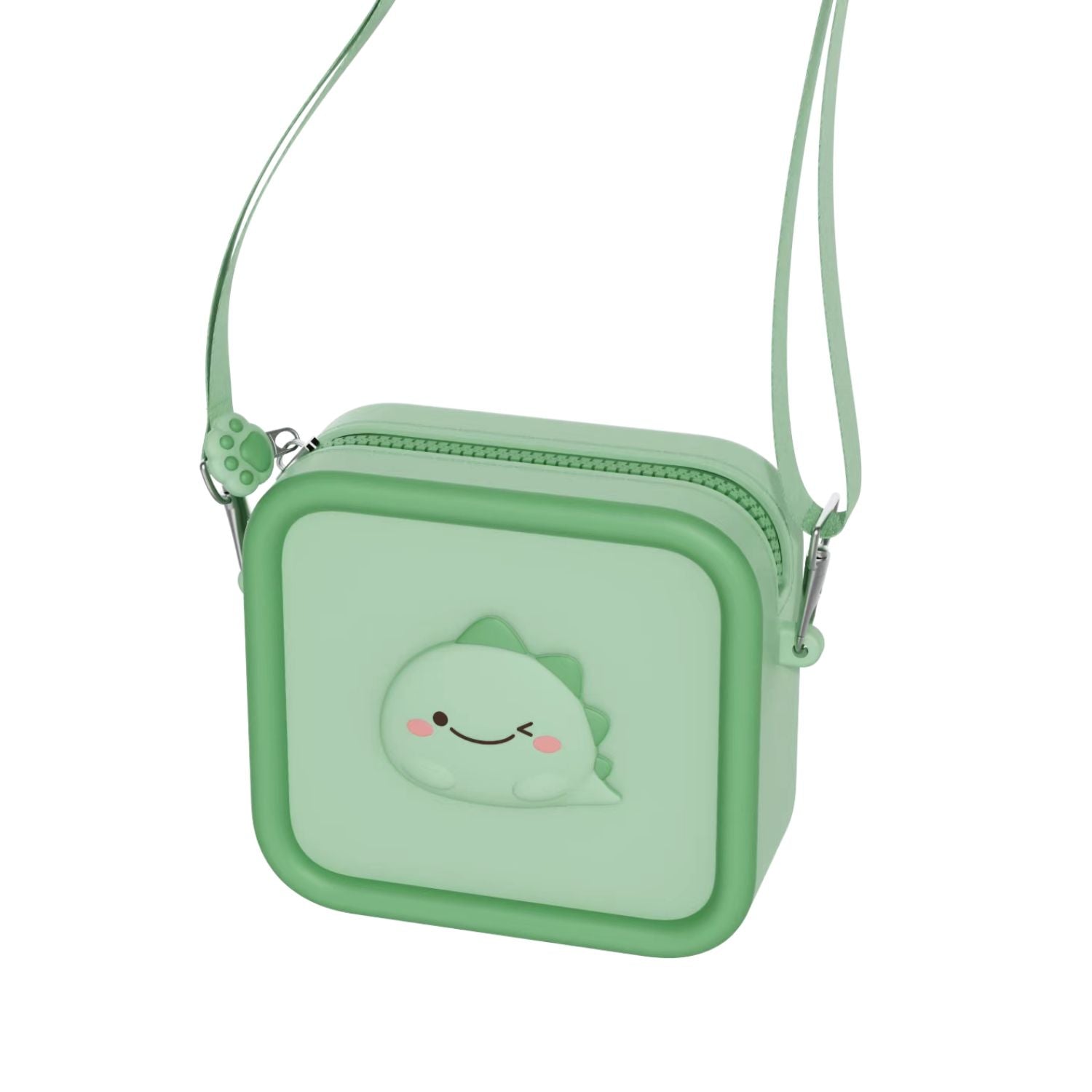 silicon bag, dino green, front view, shoulder belt