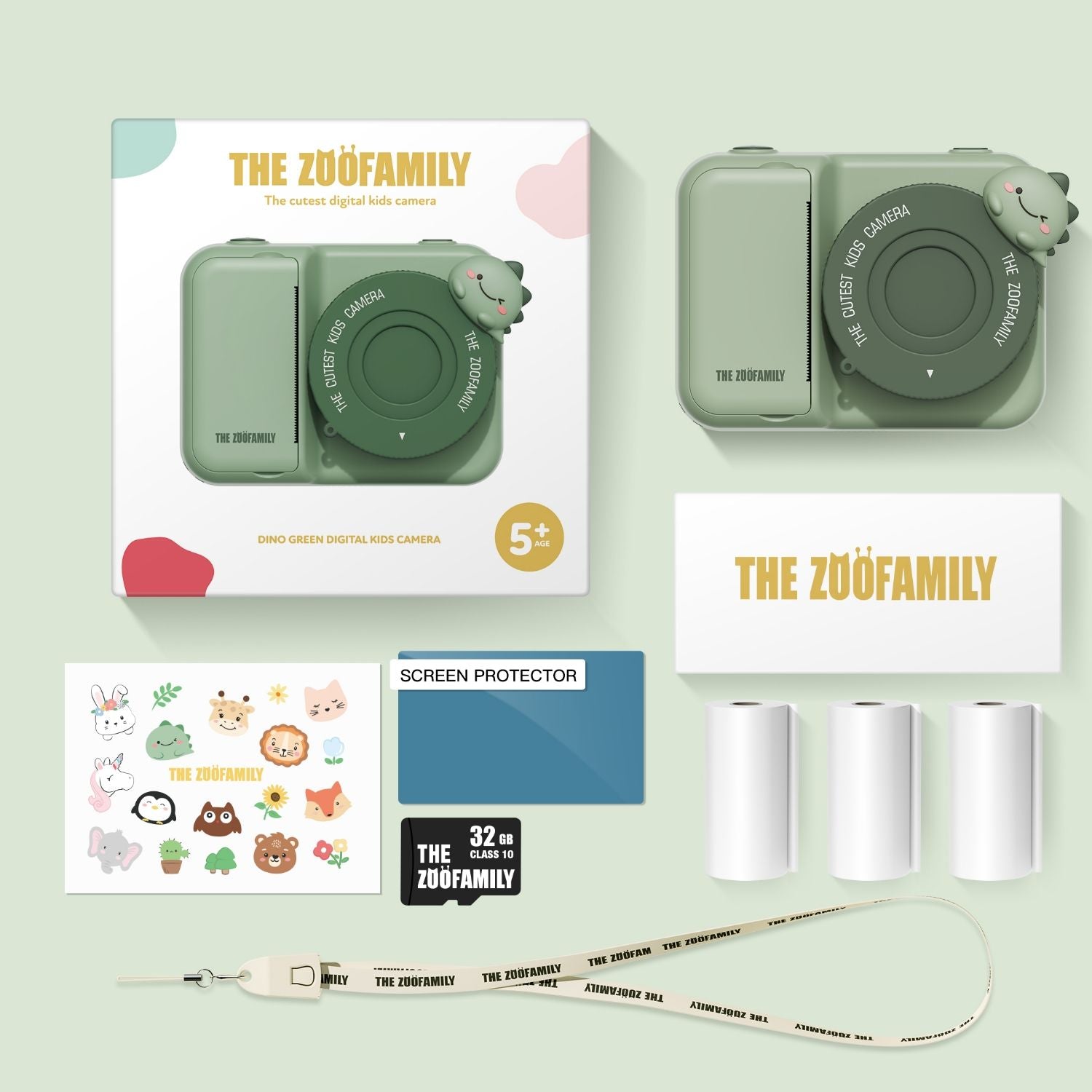 packaging of zoo print dino green digital kids camera