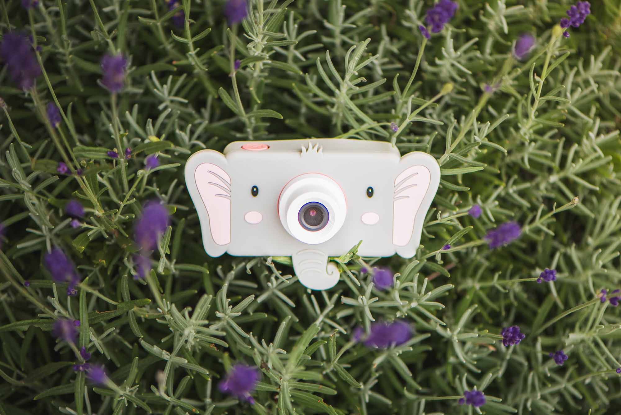 pink digital kids camera with elephant sleeve, camera lying in the flowers in the garden