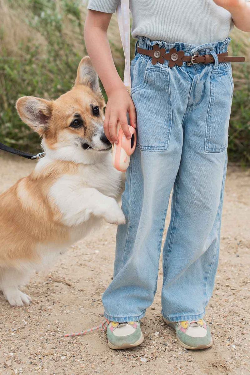 zoo walkie talkie dino pink, child is holding the walkie talkie around its shoulder while the dog is jumping at it