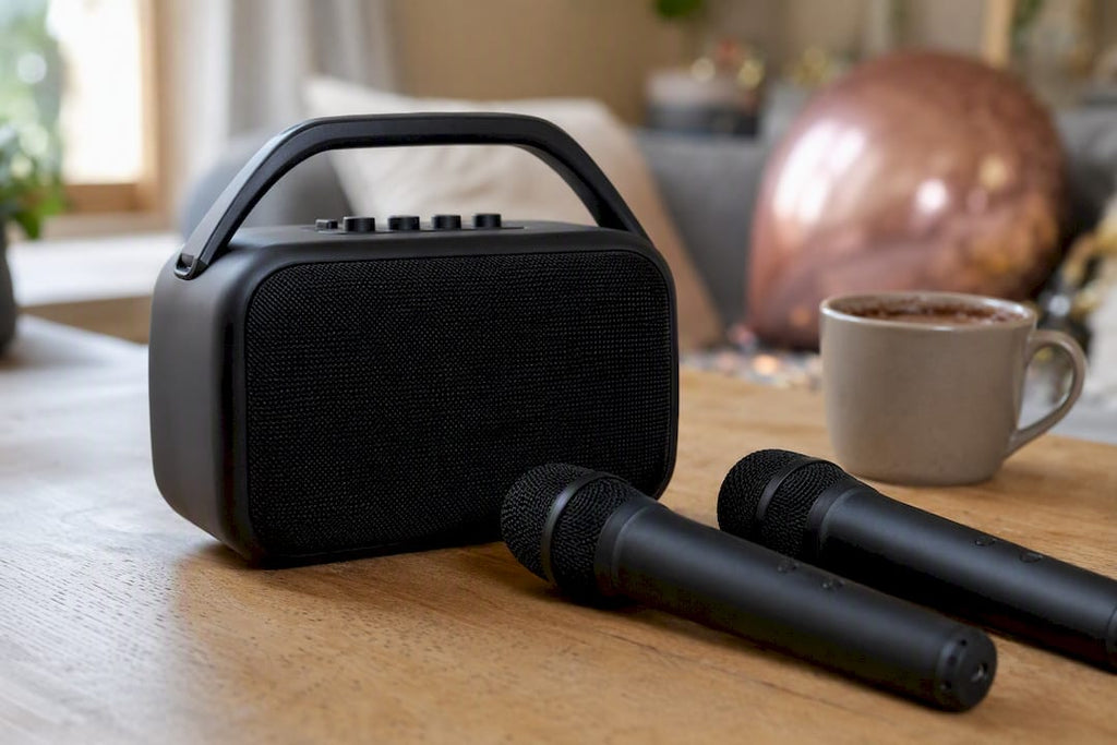 Sans piles : enceinte karaoké à 2 micros, portable et rechargeable
