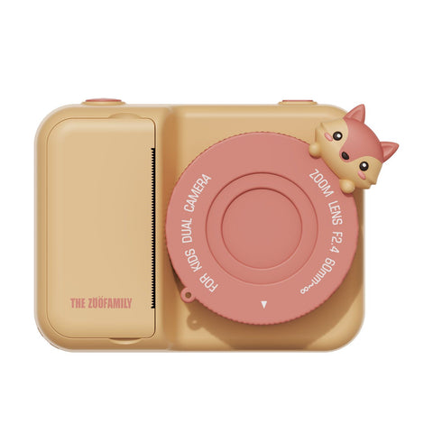 zoo print fox digital kids camera, front view with lenscover
