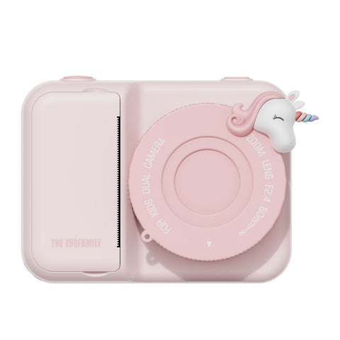 zoo print unicorn digital kids camera, front side with lenscover