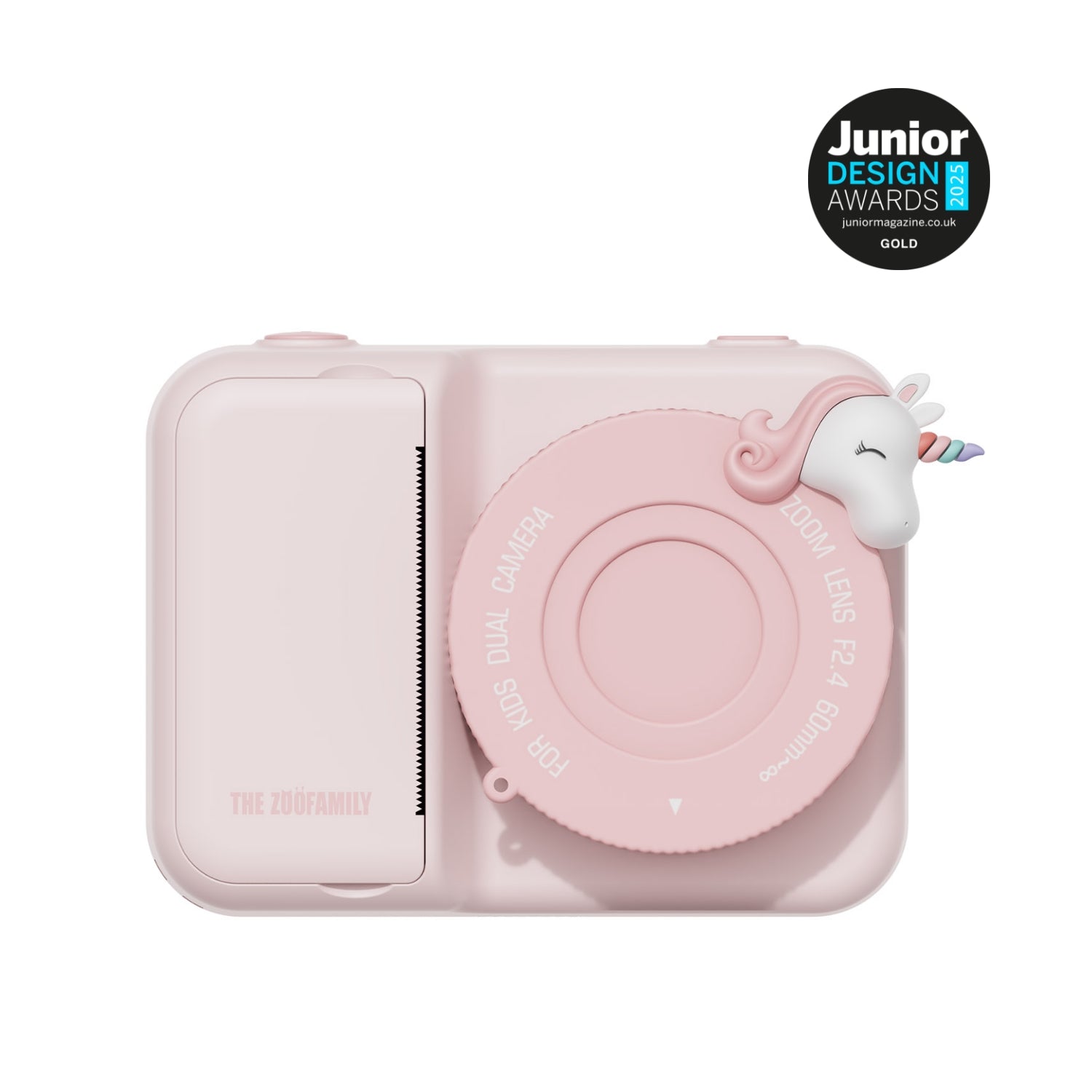 Zoo Print camera with unicorn design, featuring Junior Design Awards badge.
