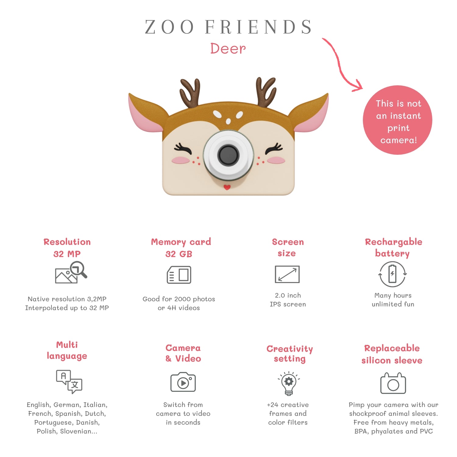 Product packaging for 'Zoo Friends Deer' camera with features listed 