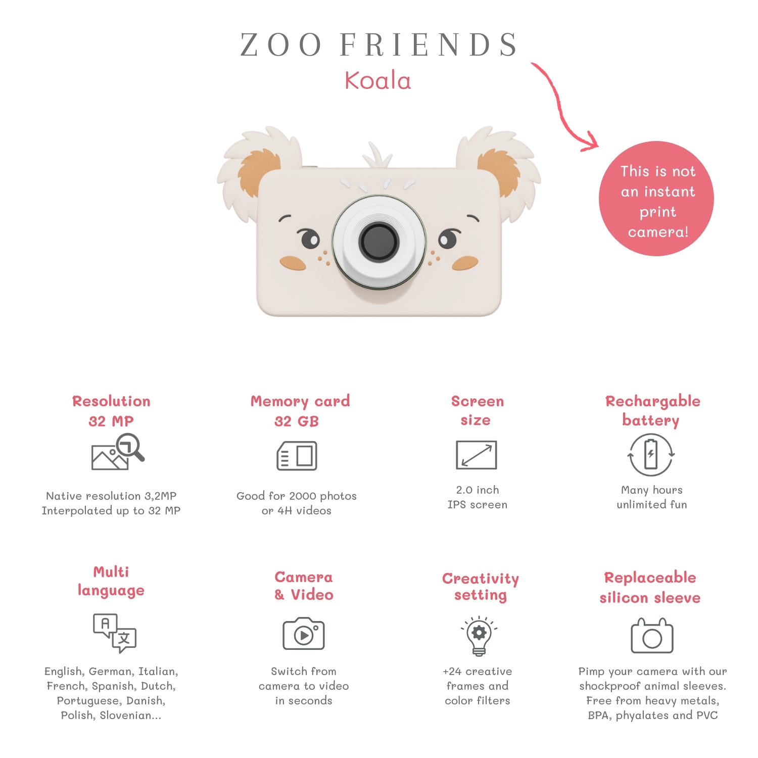 Zoo Friends Koala camera with features listed