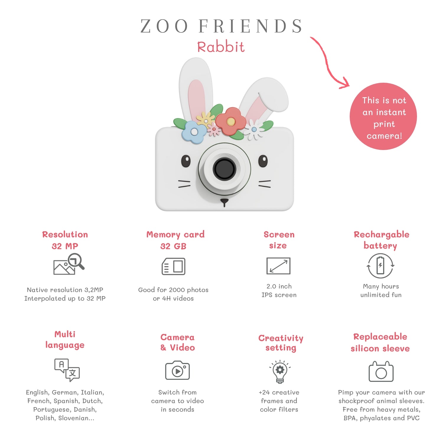 Zoo Friends Rabbit camera with features listed on a white background