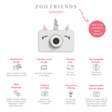 odalUnicorn-themed camera with features listed