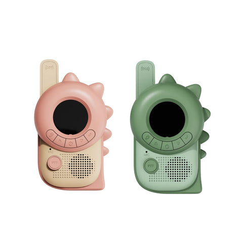 set of dino pink and dino green walkie talkie, front side