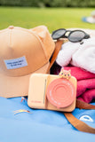 odalzoo print fox digital kids camera, laying of outdoor beach bag of Play&Go, towels, sunglasses and hat