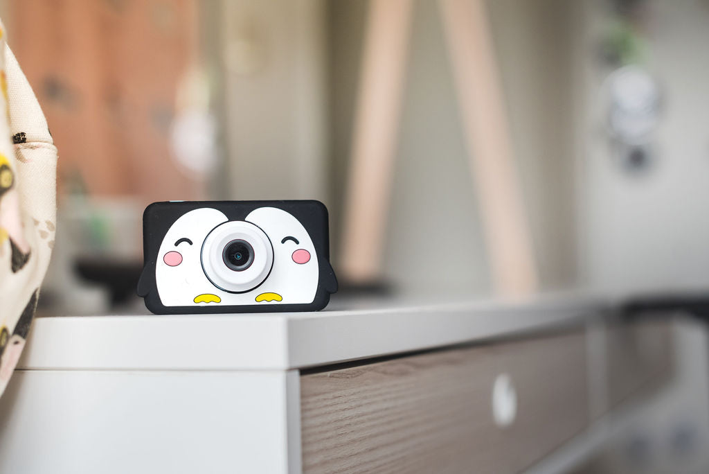 penguin kids camera, standing on little closet