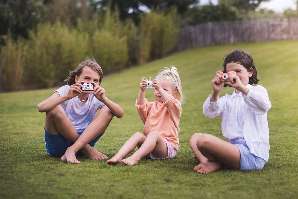 penguin, fox and penguin kids cameras, children sitting in garden, holding cameras and making a picture