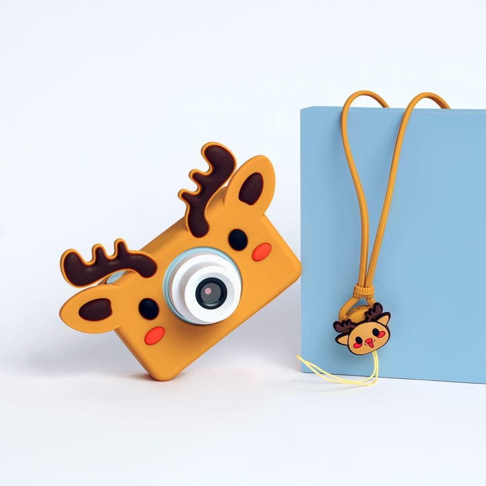 digital kids camera with brown dear sleeve and necklace